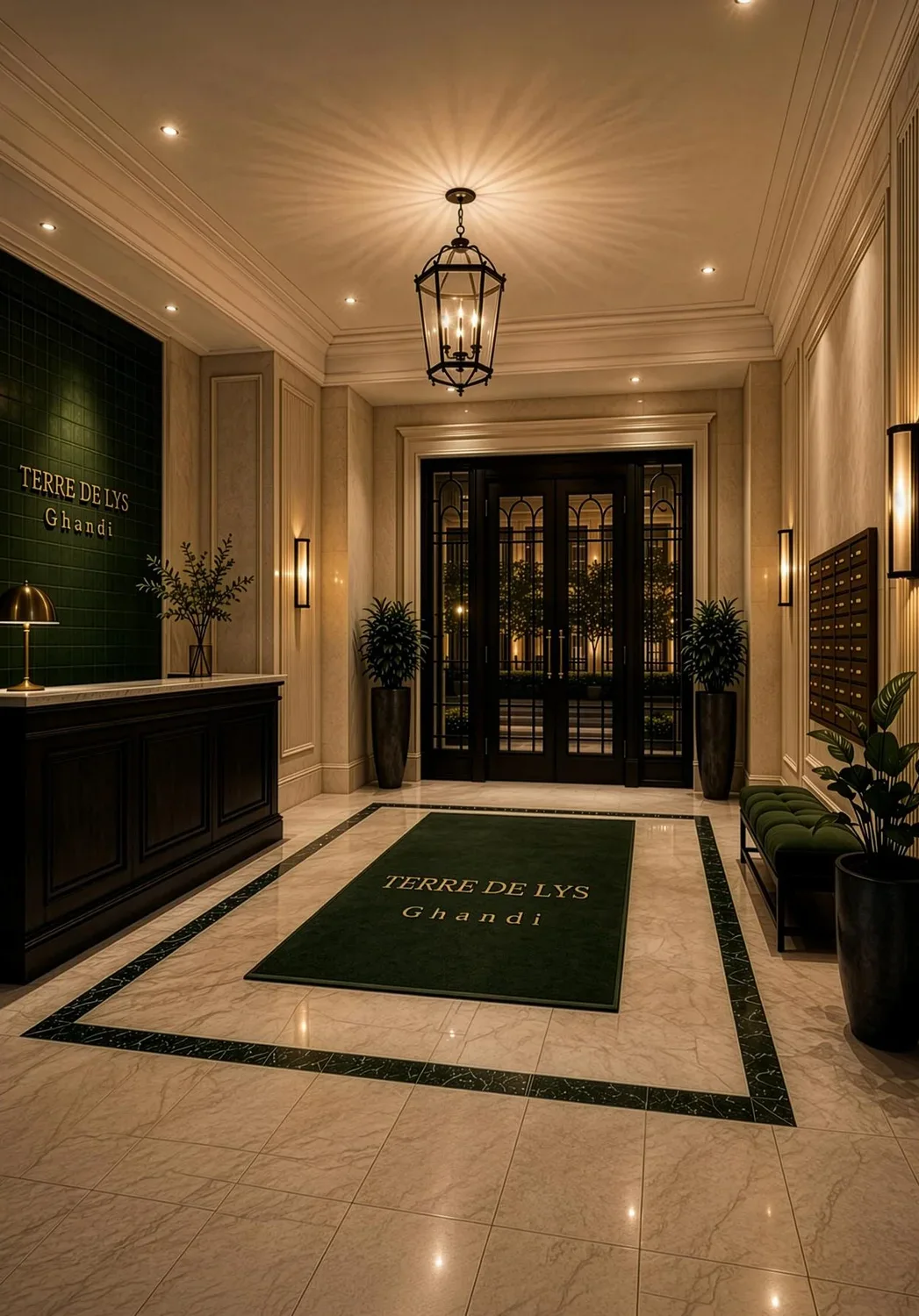 Hall d’entrée de la résidence, sol en marbre et boiseries