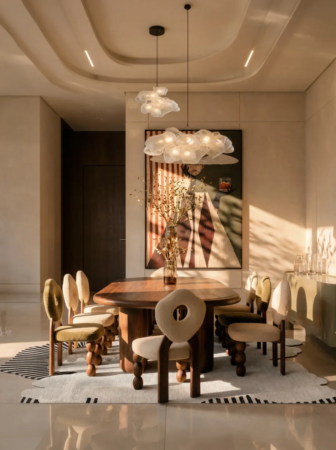 Salle à manger sous plafond éclairé